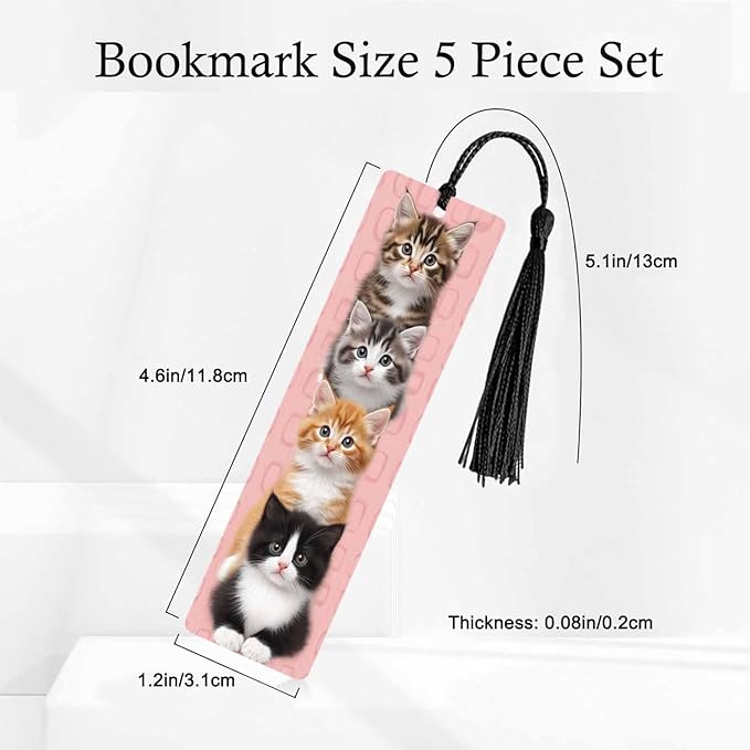 Cute Cat Bookmarks Set 5 with Tassels Pet Animal Pink Wooden Bookmarks for Reading Women Men Students Teachers School Supplies