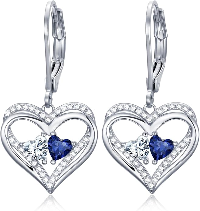 Heart Leverback Earrings Double Birthstone Dangle Earrings for Women, Love Jewelry for Her, Christmas Gifts for Women, Anniversary Birthday Gift for Mom Wife Girlfriend