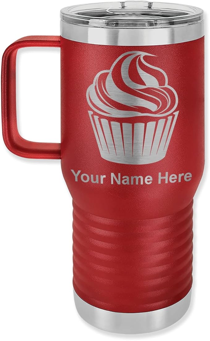 LaserGram 20oz Vacuum Insulated Travel Mug with Handle, Cup Cake, Personalized Engraving Included (Maroon)