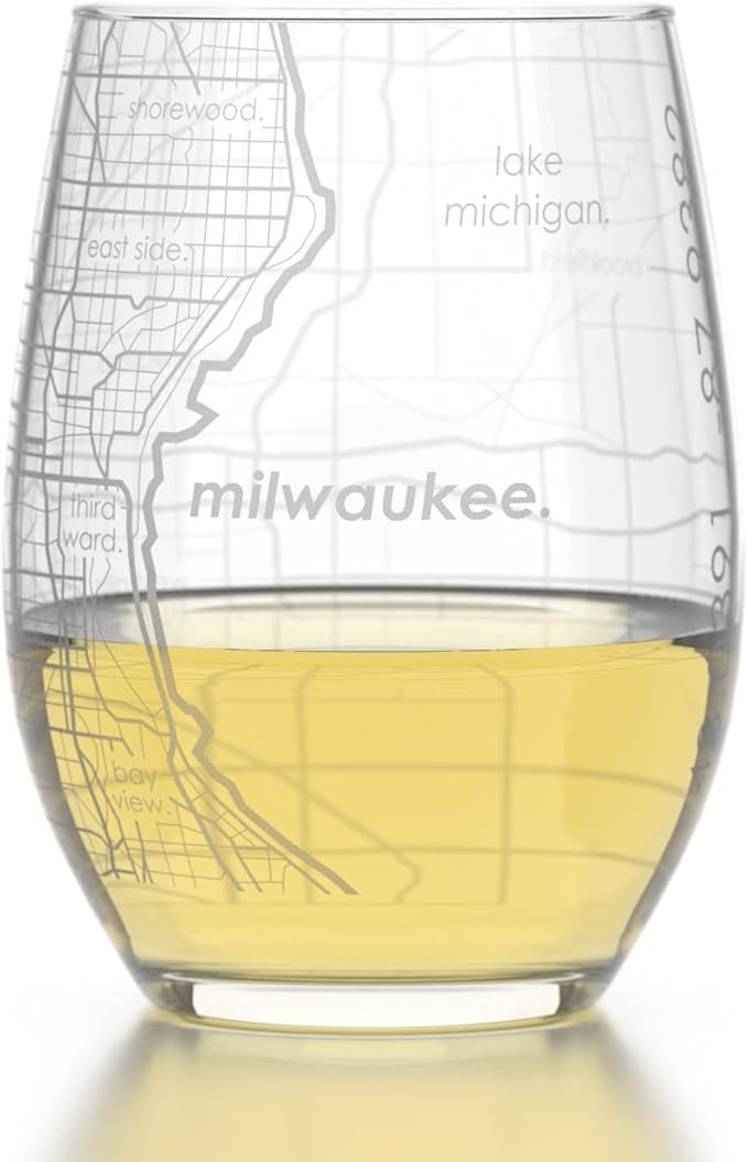 Well Told Engraved Milwaukee Wisconsin Map Stemless Wine Glass, Etched Glass (15 oz, Clear) City Custom Gifts for Lovers