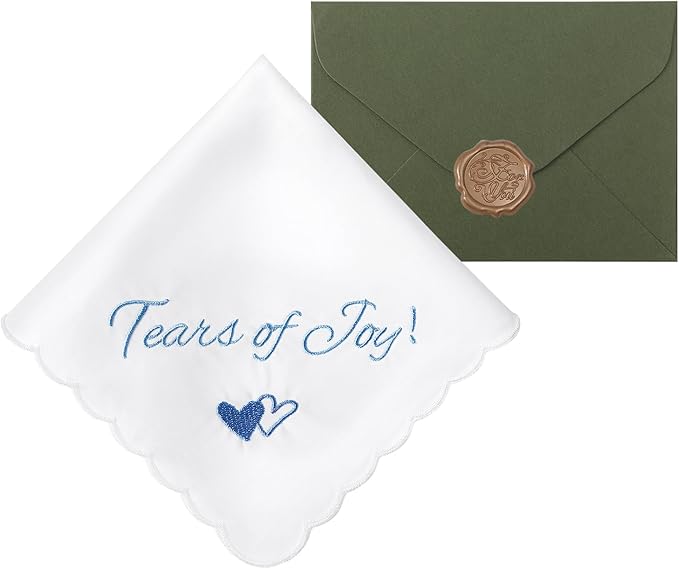 Wedding Handkerchief Something Blue for Bride, Mother Father of the Brides Groom Gifts, Embroidered Happy Tears Cotton Hanky