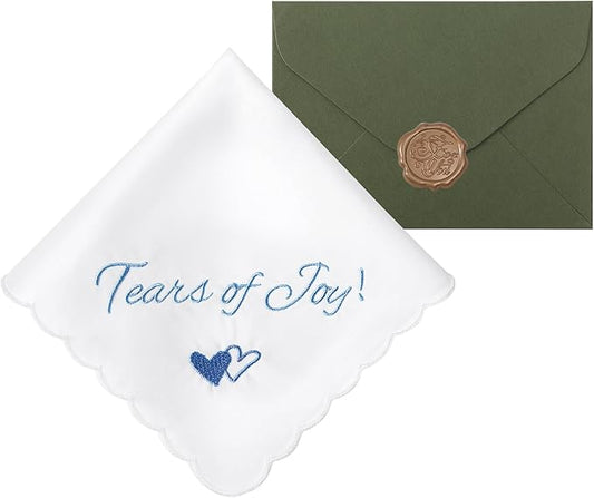 Wedding Handkerchief Something Blue for Bride, Mother Father of the Brides Groom Gifts, Embroidered Happy Tears Cotton Hanky