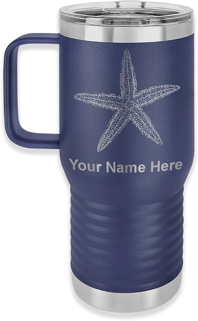 LaserGram 20oz Vacuum Insulated Travel Mug with Handle, Starfish, Personalized Engraving Included (Navy Blue)
