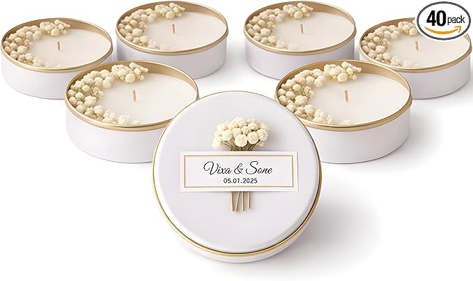 Personalized Natural Soy Wax Wedding Favor Candle Gift Set for Guest - Fall Winter Christmas Custom Dried Flower Bridal Baby Shower Gifts in Bulk (40 Pieces, White Flower)
