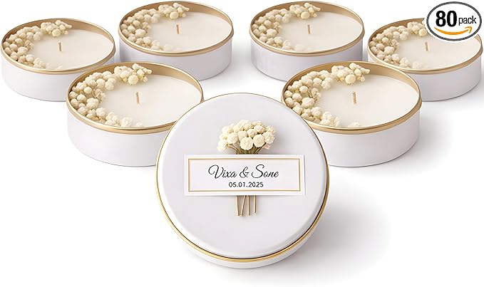 Personalized Natural Soy Wax Wedding Favor Candle Gift Set for Guest - Fall Winter Christmas Custom Dried Flower Bridal Baby Shower Gifts in Bulk (White Flower, 80 Pieces)