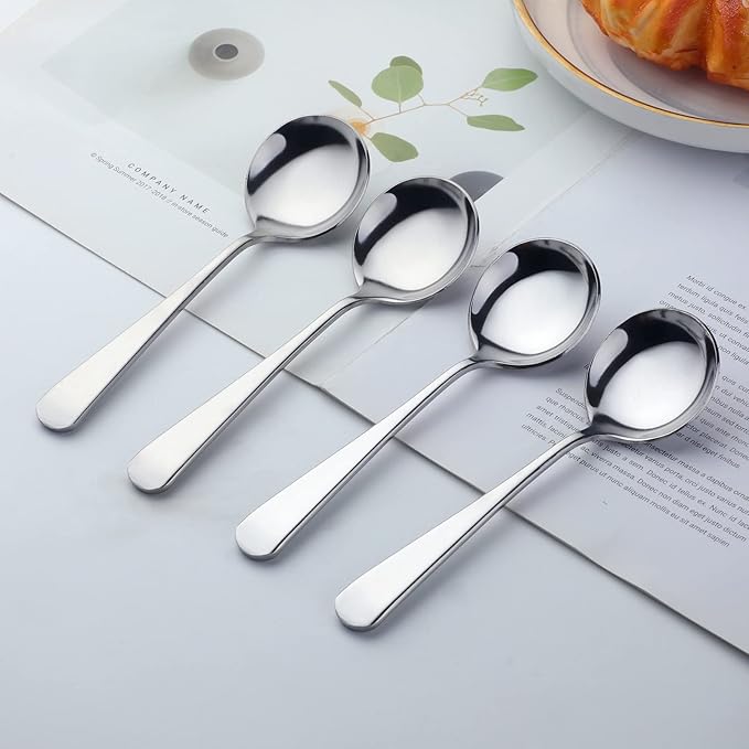 Buyer Star 8 Pieces Stainless Steel Round Soup Spoon, 6.3 Inch Mirror Polished Spoon Cutlery, Dishwasher Safe (Silver)