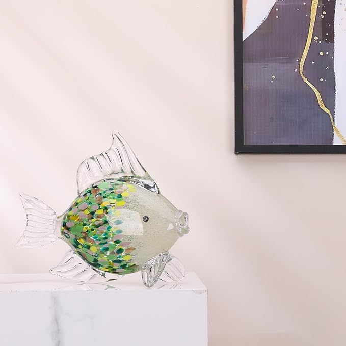 Large Hand Blown Glass Fish Figurines, Aquarium Sea Glass Art, Emerald Green Fish Statue Sculpture Modern Coastal Accent - for Beach Knick Knacks, Coffee Tables, Nautical Offices Centerpiece