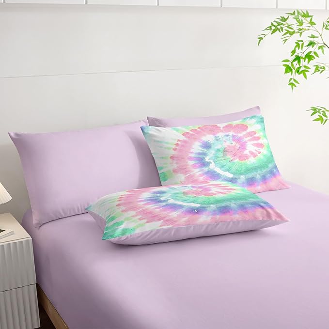 7Pcs Comforter Set Blue Pink Green Spiral Printed Bedding Set with 1 Comforter, 1 Flat Sheet, 1 Fitted Sheet and 4 Pillowcases for Boys and Girls Bedroom All Season(Spiral Queen)