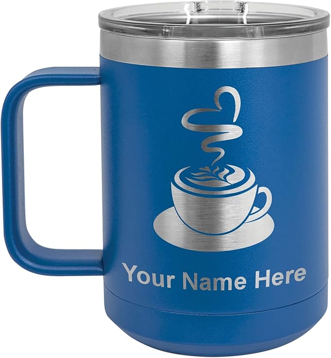 LaserGram 15oz Vacuum Insulated Coffee Mug, Cup of Coffee, Personalized Engraving Included (Dark Blue)