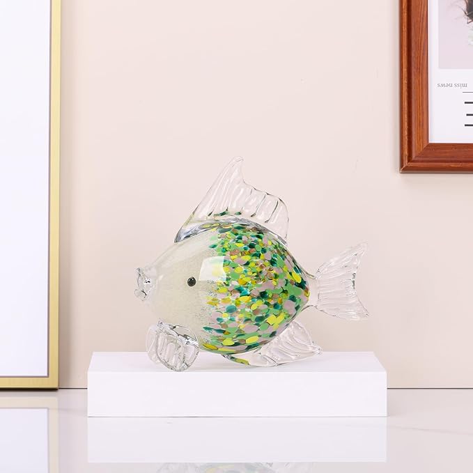 Large Hand Blown Glass Fish Figurines, Aquarium Sea Glass Art, Emerald Green Fish Statue Sculpture Modern Coastal Accent - for Beach Knick Knacks, Coffee Tables, Nautical Offices Centerpiece