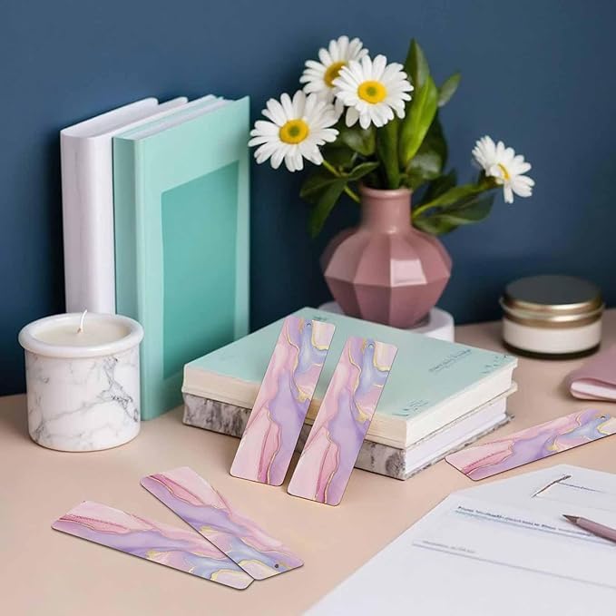 Pink Marble Bookmarks Set 5 with Tassels Purple Golden Wooden Bookmarks for Reading Women Men Students Teachers School Supplies