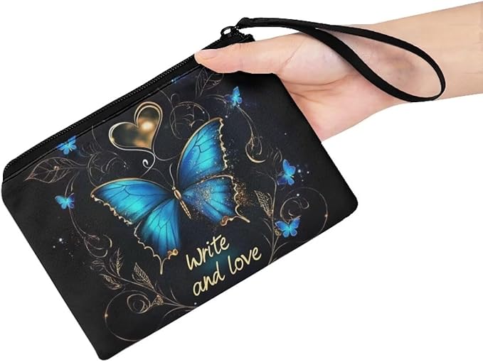 Dolyues Vintage Girls Coin Purse Wallets for Women, Blue Butterfly Print Handbags with Wrist Strap Zip Around, Small Wallet for Wife Birthday, Polyester Change Purse Pouch Bag