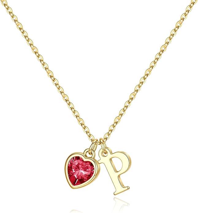 Turandoss Valentines Day Gifts for Her Trendy, Dainty 14K Gold Plated Initial A-Z Heart Birthstone Pendant Necklace Personalized Bridesmaid Birthday Valentines Jewelry Gifts for Women Girls
