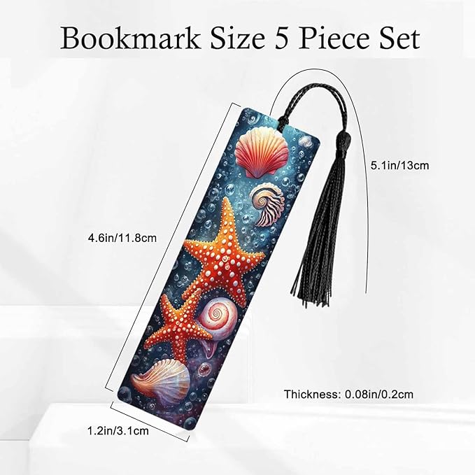 Shells Starfish Bookmarks Set 5 with Tassels Beautiful Sea Bubbles Nature Theme Wooden Bookmarks for Reading Women Men Students Teachers School Supplies