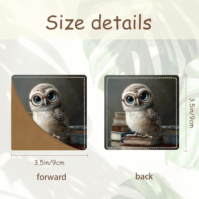 2PCS Leather Bookmarks 3.54 x 3.54 Inch Night Owl with Glasses and Vintage Books Design Reading Accessories for Books Journals Bibles Travel Diary Students Teachers and Book Lovers Gift