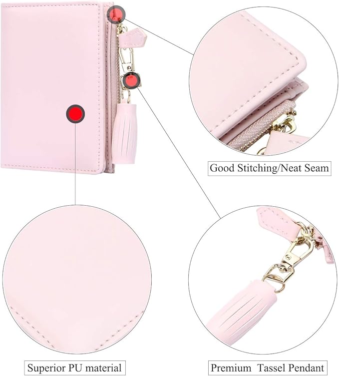 GEEAD Small Wallets for Women Bifold Slim Coin Purse Zipper ID Card Holder PU Leather Pink