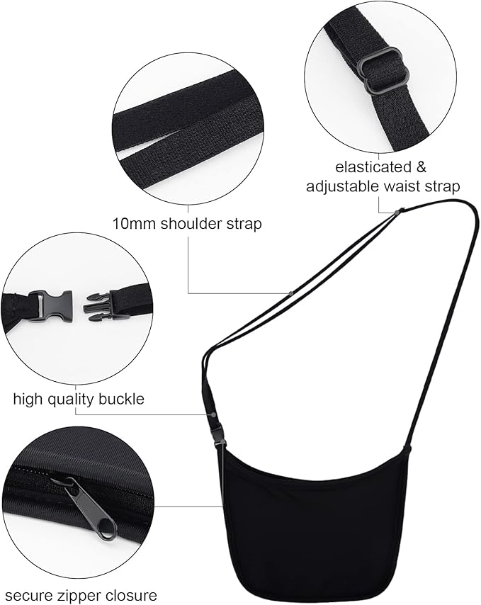 Hidden Wallet, Travel Hidden Wallet Under Clothes, Undergarment Crossbody Secert Body Pouch for Passport Money & Valuables (Black)