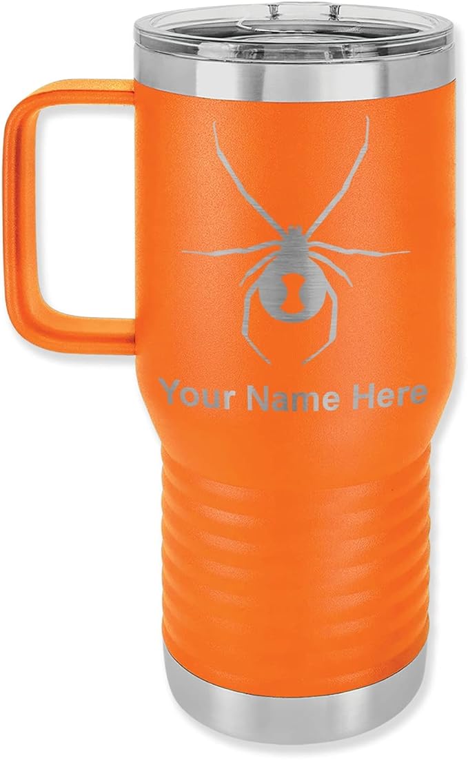 LaserGram 20oz Vacuum Insulated Travel Mug with Handle Widow Spider, Personalized Engraving Included (Orange)