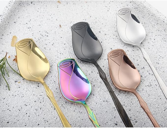 Stainless Steel Spoon Set 5 Pack - Rose Flower & Holiday Shaped Spoons (Coffee, Dessert, Ice Cream, Tea) - Silver