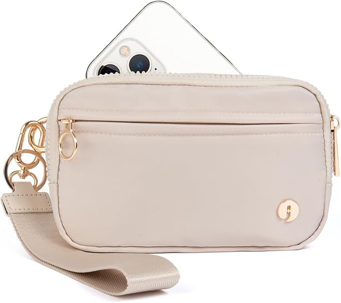 Wristlet Keychain Wallets for Women RFID Blocking Credit Card Holder Small Zipper Coin Phone Purse Change Pouch with ID Window and Detachable Wrist Strap Beige