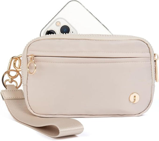 Wristlet Keychain Wallets for Women RFID Blocking Credit Card Holder Small Zipper Coin Phone Purse Change Pouch with ID Window and Detachable Wrist Strap Beige