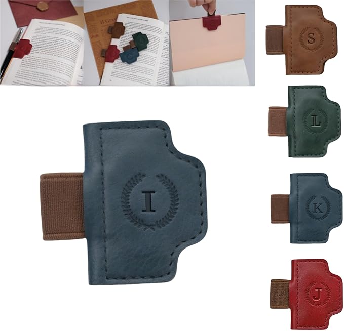 Personalized Magnetic Bygone Mark Bookmark with Pen Holder, 26 Letters Name Initial Custom Leather Book Mark for Women, Gifts for Book Lovers and Readers (Blue,I)