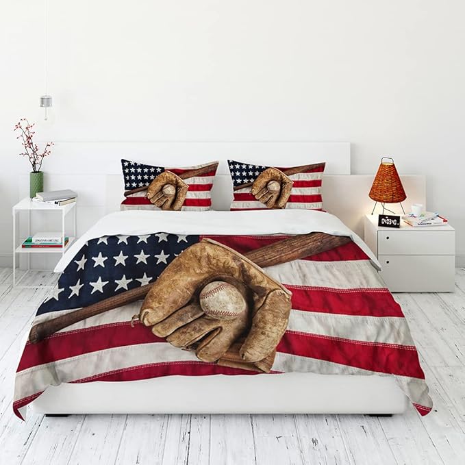 Baseball Bedding Sets for Boys - Sports Theme American Flag Comforter Set Queen Size, Durable Kids Sports Decor with Team Spirit Design (Includes Comforter & Pillowcases)