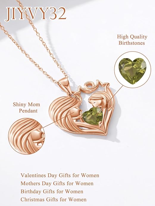 Mother and Daughter/Son Love Heart Necklace White Gold/14K Gold/Rose Gold Birthstone Jewelry Christmas Mothers Day Birthday Gifts For Mom Wife Grandma Women