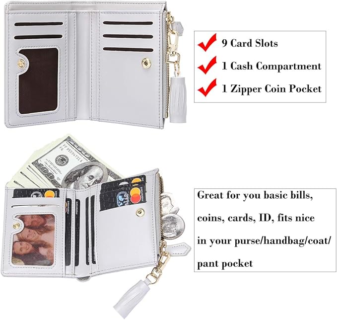 GEEAD Small Wallets for Women Bifold Slim Coin Purse Zipper ID Card Holder PU Leather Grey