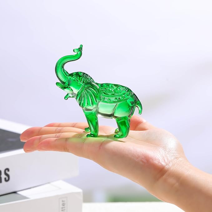 Crystal Elephant Figurine Home Decor, Glass Statue Gifts for Women Men, Collectible Animals Tabletop Decoration Sculpture With Trunk Up Ornaments (Green)
