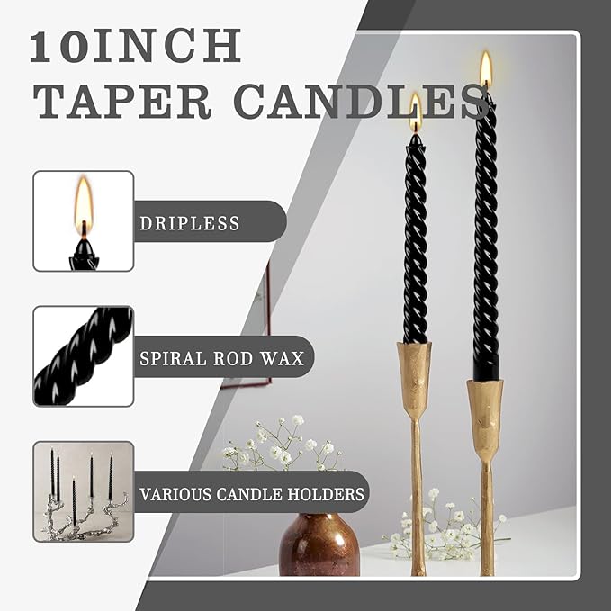 10 Inch Black Spiral Taper Candle Set, 12 Pack Unscented Dripless Candlesticks for Halloween,Dinner,Party Brithday Wedding and Home Decoration