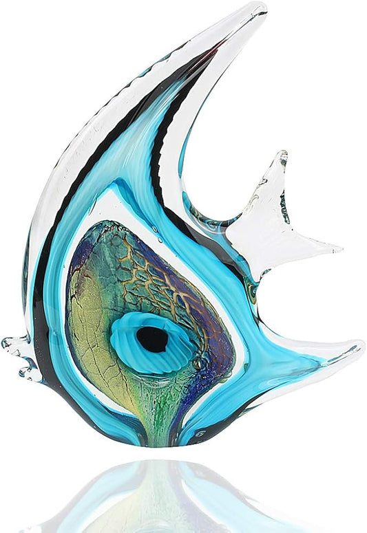 Hophen Tropical Angel Fish Art Glass Blown Handmade Sea Animal Figurine Sculpture Home Decor Collectible Statue Paper Weight Gift Ornament (Big Blue)