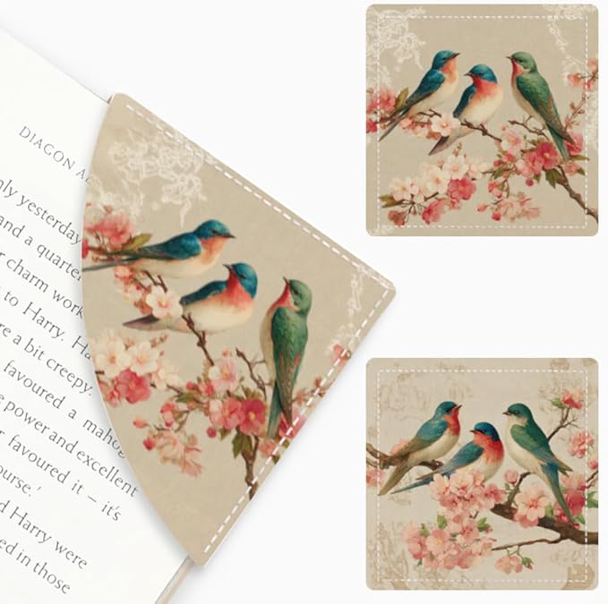 2PCS Leather Bookmarks 3.54 x 3.54 Inch Bird and Cherry Blossom Design Reading Accessories for Books Journals Bibles Travel Diary Students Teachers and Book Lovers Gift