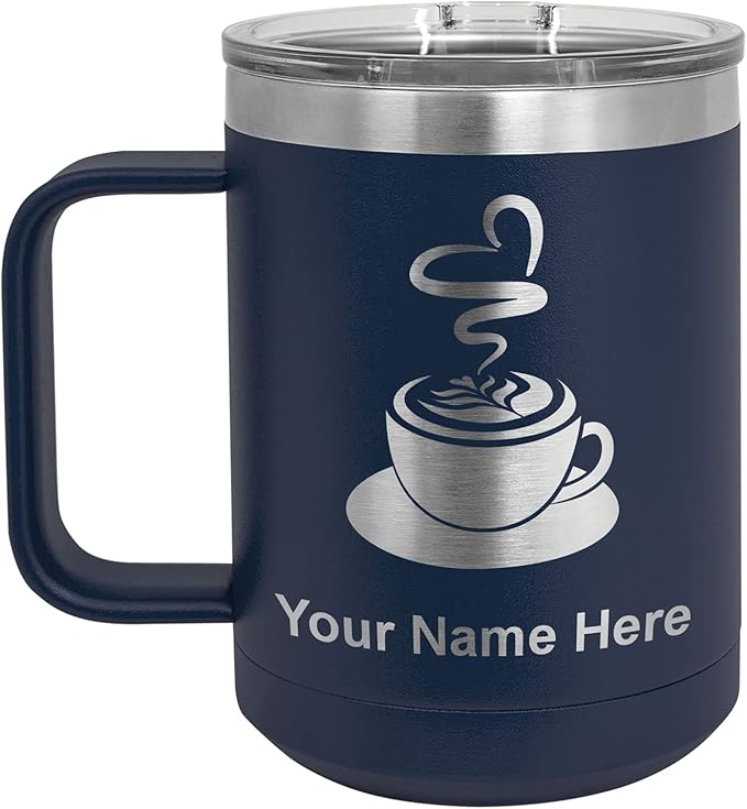 LaserGram 15oz Vacuum Insulated Coffee Mug, Cup of Coffee, Personalized Engraving Included (Navy Blue)