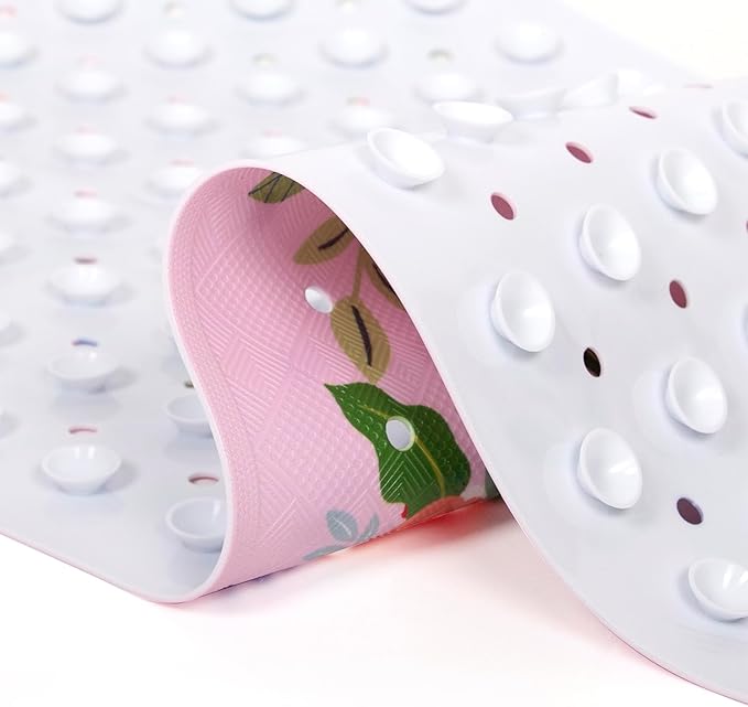 Pink Floral Bathtub Mat Non Slip for Kids 40x16in Extra Long Anti Slip Flower Bath Mat for Tub Bath Shower Mat with Large Drain Holes and Suction Cups Quality Modern Art Plant Design Bathroom Decor