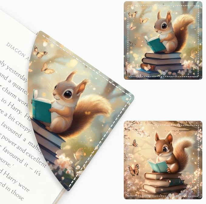 2PCS Leather Bookmarks 3.54 x 3.54 Inch Spring Squirrel Reading with Blossoms Design Reading Accessories for Books Journals Bibles Travel Diary Students Teachers and Book Lovers Gift