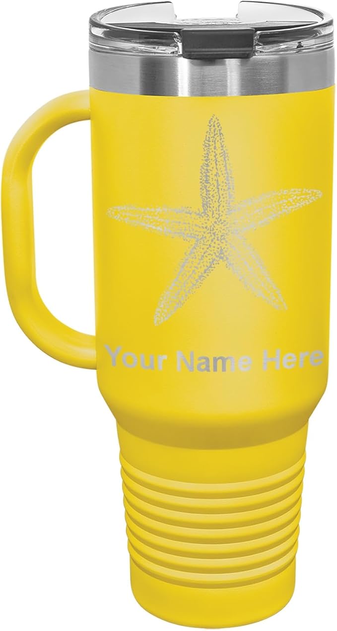 LaserGram 40oz Vacuum Insulated Travel Mug with Handle, Starfish, Personalized Engraving Included (Yellow)