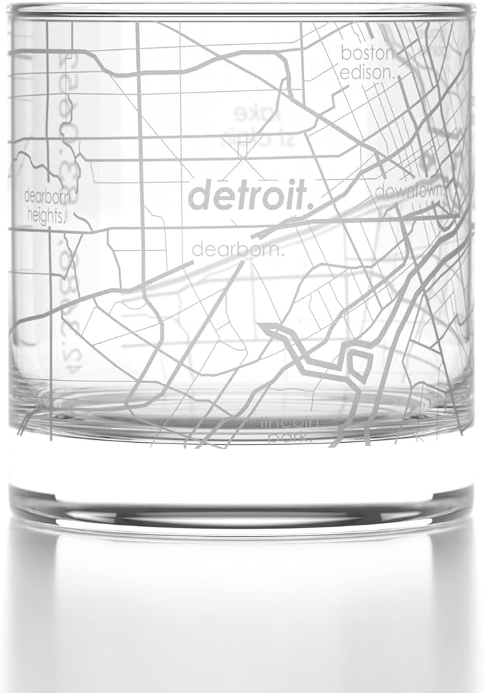 Well Told Engraved Detroit Michigan Map Rocks Glass, Old Fashioned Whiskey Glass (11 oz, Clear) Etched Whiskey Glass, Gifts For Whiskey Lovers