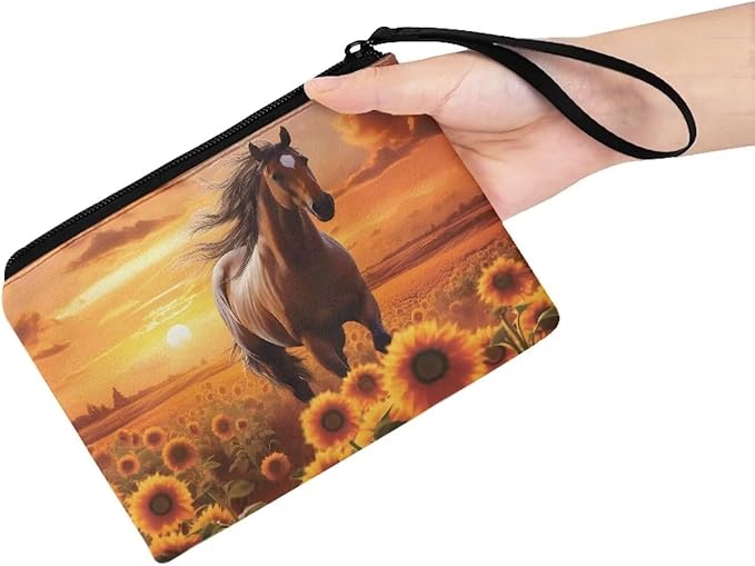Dolyues Small Coin Purse Horse Sunset Mini Wallet Sunflower Print Coin Pouch Change Purse for Women Girls Coin Pocket Mini Money Bag