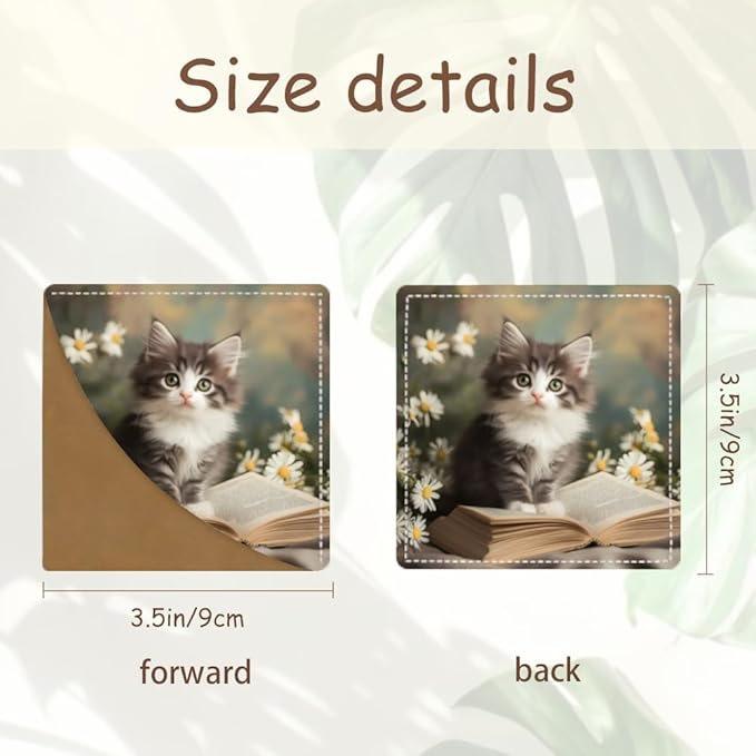2PCS Leather Bookmarks 3.54 x 3.54 Inch Cute Gray Kitten with Flowers and Book Design Reading Accessories for Books Journals Bibles Travel Diary Students Teachers and Book Lovers Gift