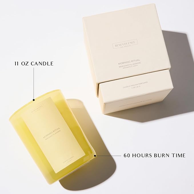 Bergamot & Jasmine Scented Candle | 11oz, 60 Hour Burn | Natural Soy Wax, Cotton Wick | Soy Scented Candles for Home | Benevolence LA Sun-Kissed Collection - Morning Ritual