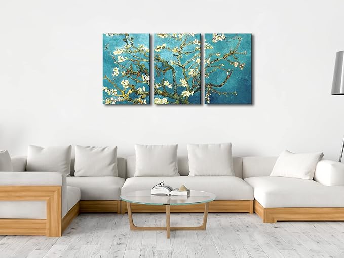 Wieco Art Giclee Canvas Prints Wall Art for Wall Decor by Van Gogh Paintings Almond Blossom Modern 3 Piece Stretched and Framed Abstract Flowers Artwork Home Office Decorations