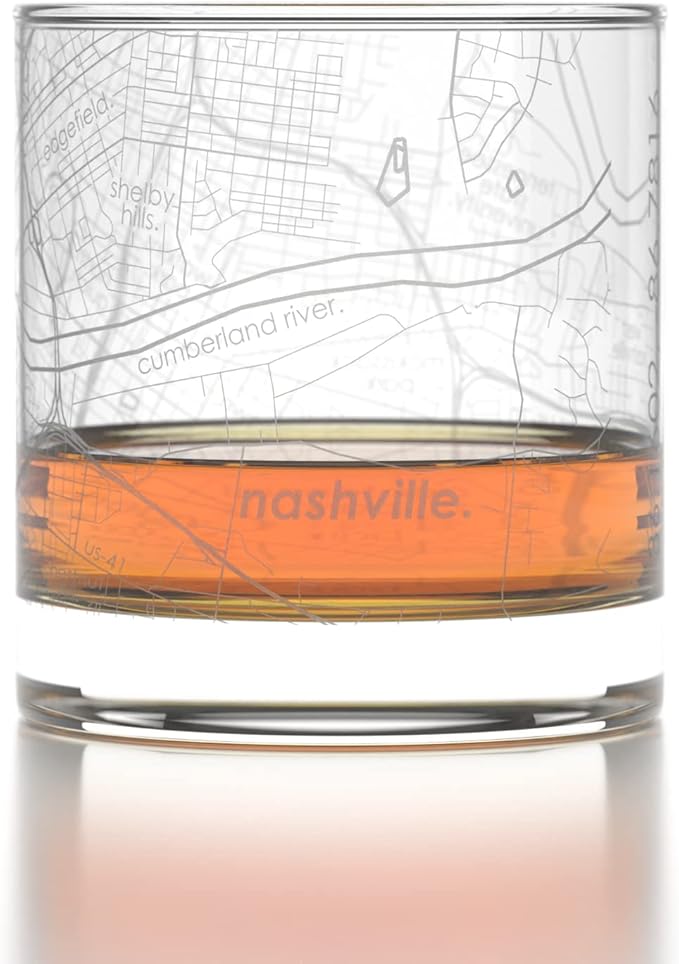 Well Told Engraved Nashville Tennessee Map Rocks Glass, Old Fashioned Glassware (11 oz, Clear) Etched Bourbon Tumbler, Gifts For Whiskey Lovers