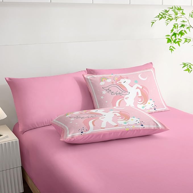 7Pcs Comforter Set Cartoon Pink Unicorn Printed Bedding Set with 1 Comforter,1 Flat Sheet,1 Fitted Sheet and 4 Pillowcases for Boys and Girls Bedroom All Season(Queen)