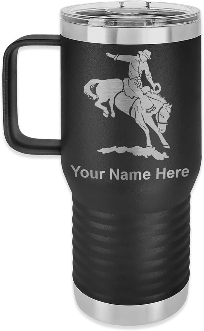 LaserGram 20oz Vacuum Insulated Travel Mug with Handle, Bronco Rider, Personalized Engraving Included (Black)