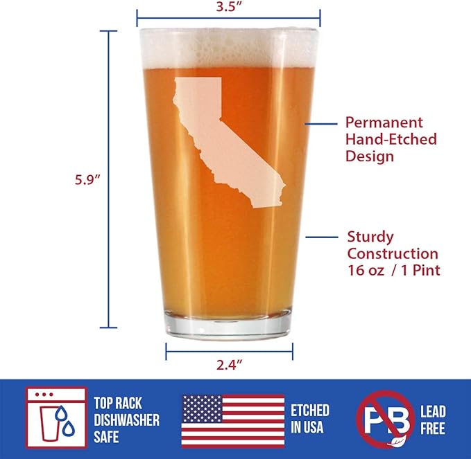 Bevvee California State Outline Pint Glass for Beer - State Themed Drinking Decor and Gifts for Californian Women & Men - 16 Oz Glasses