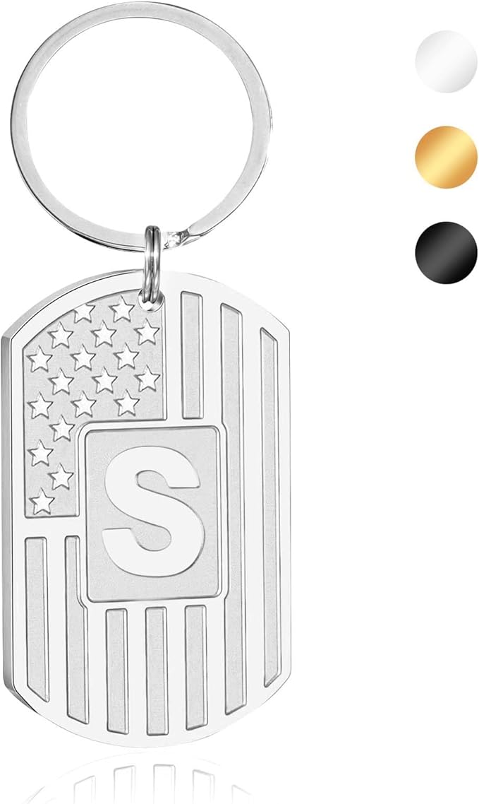 Valentines Day Gifts for Him -Initial Keychain Gifts for Men,A-Z Letter American Flag KeyChain for Men