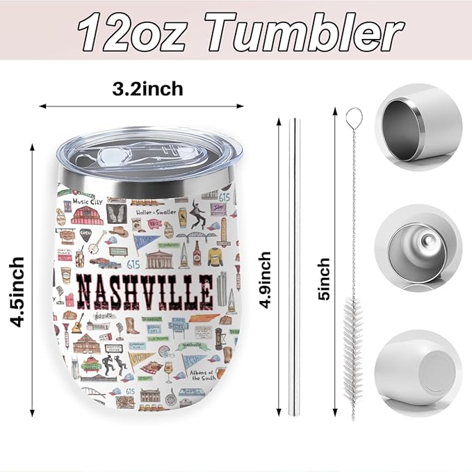 Nashville Gifts Travel Souvenir Wine Tumbler 12 oz Insulated Wine Glass Cup with Lid Straw Vacuum Insulated Cup,Travel Lover Gifts for Women Men Friend Birthday Christmas Halloween