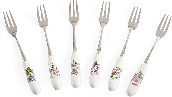 Portmeirion Botanic Garden 6" Pastry Forks (Set of 6) - Assorted Floral Motifs, Stainless Steel with Porcelain Handles, Chip-Resistant Glaze - Elegant Tableware for Sunday Brunch or Afternoon Tea