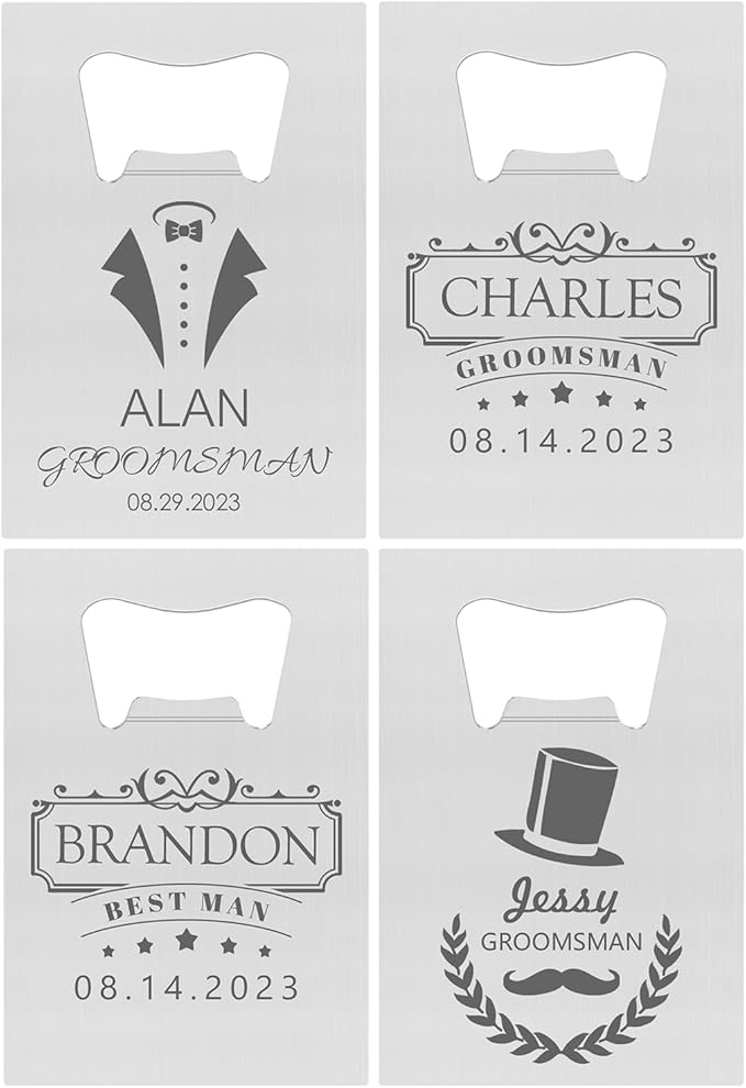 4PCSPersonalized Bottle Openers Credit Card Size, Groomsmen Best Man Gifts for Wedding Bachelor Party, Stainless Steel Beer Bottle Opener